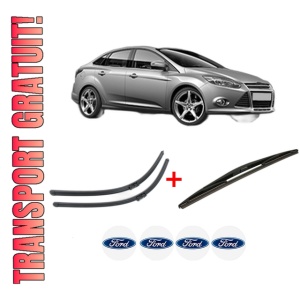 Set 3 stergatoare FORD FOCUS III Saloon din 2010 - 2020, pentru parbriz si luneta fata si spate auto, Bosch Twin, din cauciuc siliconat rezistent, 4 Stickere Auto FORD