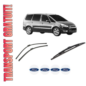 Set 3 stergatoare FORD GALAXY MK II VAN (WA6) din 2006-2015, pentru parbriz si luneta fata si spate auto, Bosch Twin-Aerotwin, din cauciuc siliconat rezistent, 4 Stickere Auto FORD