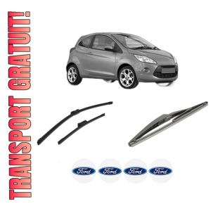 Set 3 stergatoare FORD KA (RU8) din 2008-2016, pentru parbriz si luneta fata si spate auto, Bosch Twin-Aerotwin, din cauciuc siliconat rezistent, 4 Stickere Auto FORD
