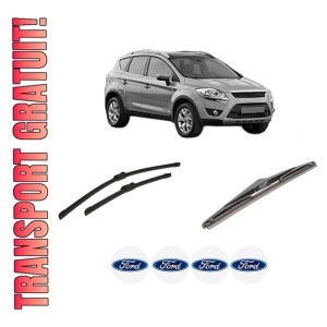 Set 3 stergatoare FORD KUGA I din 2008-2012, pentru parbriz si luneta fata si spate auto, Bosch Twin-Aerotwin, din cauciuc siliconat rezistent, 4 Stickere Auto FORD