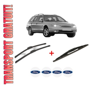 Set 3 stergatoare FORD MONDEO II Turnier (BNP) din 1996 - 2000, pentru parbriz si luneta fata si spate auto, Bosch Twin, din cauciuc siliconat rezistent, 4 Stickere Auto FORD