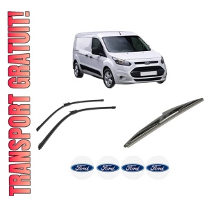 Set 3 stergatoare FORD TRANSIT CONNECT V408 Box Body/MPV din 2013-2021, pentru parbriz si luneta fata si spate auto, Bosch Twin-Aerotwin, din cauciuc siliconat rezistent, 4 Stickere Auto FORD