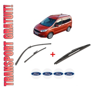 Set 3 stergatoare FORD TRANSIT COURIER B460 MPV din 2014 - 2023, pentru parbriz si luneta fata si spate auto, Valeo Silencio, din cauciuc siliconat rezistent, 4 Stickere Auto FORD