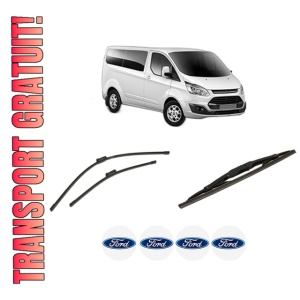 Set 3 stergatoare FORD TRANSIT CUSTOM V362 Bus (F3) din 2012-2023, pentru parbriz si luneta fata si spate auto, Bosch Twin-Aerotwin, din cauciuc siliconat rezistent, 4 Stickere Auto FORD