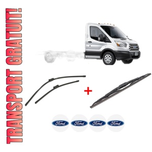 Set 3 stergatoare FORD TRANSIT V363 Platform/Chassis (FED, FFD) din 2013 - 2024, pentru parbriz si luneta fata si spate auto, Bosch Twin, din cauciuc siliconat rezistent, 4 Stickere Auto FORD