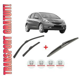 Set 3 stergatoare HONDA JAZZ III (GE_, GG_, GP_, ZA_) din 2008 - 2014, pentru parbriz si luneta fata si spate auto, Bosch Twin, din cauciuc siliconat rezistent, 4 Stickere Auto HONDA
