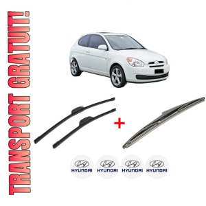 Set 3 stergatoare HYUNDAI ACCENT III (MC) din 2005 - 2010, pentru parbriz si luneta fata si spate auto, Bosch Twin, din cauciuc siliconat rezistent, 4 Stickere Auto HYUNDAI