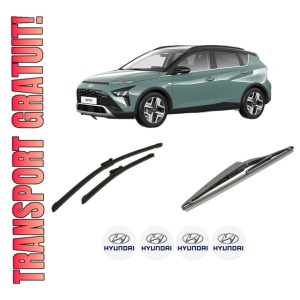 Set 3 stergatoare HYUNDAI BAYON (BC3) din 2021-2023, pentru parbriz si luneta fata si spate auto, Bosch Twin-Aerotwin, din cauciuc siliconat rezistent, 4 Stickere Auto HYUNDAI