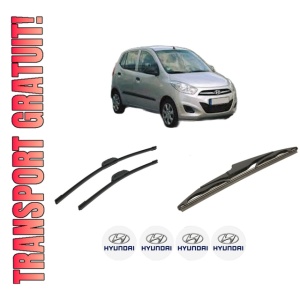 Set 3 stergatoare HYUNDAI i10 I (PA) din 2007-2018, pentru parbriz si luneta fata si spate auto, Bosch Twin-Aerotwin Retrofit, din cauciuc siliconat rezistent, 4 Stickere Auto HYUNDAI