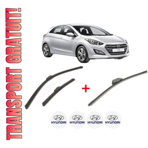 Set 3 stergatoare HYUNDAI i30 (GD) din 2011 - 2016, pentru parbriz si luneta fata si spate auto, Bosch Aerotwin, din cauciuc siliconat rezistent, 4 Stickere Auto HYUNDAI