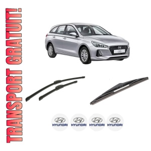 Set 3 stergatoare HYUNDAI i30 Kombi Van (PDE) din 2017-2020, pentru parbriz si luneta fata si spate auto, Bosch Twin-Aerotwin Retrofit, din cauciuc siliconat rezistent, 4 Stickere Auto HYUNDAI