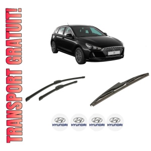 Set 3 stergatoare HYUNDAI i30 (PDE, PD, PDEN) din 2016-2024, pentru parbriz si luneta fata si spate auto, Bosch Twin-Aerotwin Retrofit, din cauciuc siliconat rezistent, 4 Stickere Auto HYUNDAI