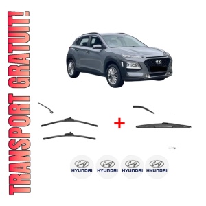 Set 3 stergatoare HYUNDAI KONA (OS, OSE, OSI) din 2017 - 2023, pentru parbriz si luneta fata si spate auto, Valeo Silencio, din cauciuc siliconat rezistent, 4 Stickere Auto HYUNDAI