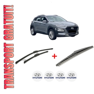 Set 3 stergatoare HYUNDAI KONA (OS, OSE, OSI) din 2017 - 2023, pentru parbriz si luneta fata si spate auto, Bosch Twin, din cauciuc siliconat rezistent, 4 Stickere Auto HYUNDAI