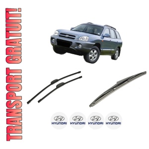 Set 3 stergatoare HYUNDAI SANTA FÉ II SUV Van (CM) din 2005-2013, pentru parbriz si luneta fata si spate auto, Bosch Twin-Aerotwin Retrofit, din cauciuc siliconat rezistent, 4 Stickere Auto HYUNDAI