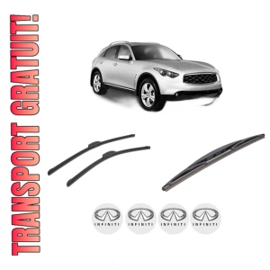 Set 3 stergatoare INFINITI FX din 2008-2013, pentru parbriz si luneta fata si spate auto, Bosch Twin-Aerotwin Retrofit, din cauciuc siliconat rezistent, 4 Stickere Auto INFINITI
