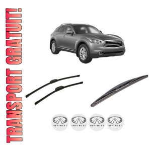 Set 3 stergatoare INFINITI QX70 din 2013-2014, pentru parbriz si luneta fata si spate auto, Bosch Twin-Aerotwin Retrofit, din cauciuc siliconat rezistent, 4 Stickere Auto INFINITI