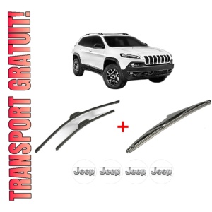 Set 3 stergatoare JEEP CHEROKEE VAN (KL) din 2014 - 2018, pentru parbriz si luneta fata si spate auto, Bosch Twin, din cauciuc siliconat rezistent, 4 Stickere Auto JEEP