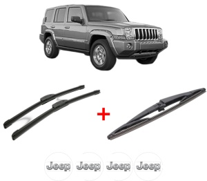 Set 3 stergatoare JEEP COMMANDER (XK, XH) din 2005 - 2010, pentru parbriz si luneta fata si spate auto, Bosch Twin, din cauciuc siliconat rezistent, 4 Stickere Auto JEEP v4679