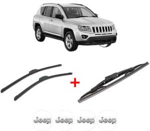 Set 3 stergatoare JEEP COMPASS (MK49) din 2006, pentru parbriz si luneta fata si spate auto, Bosch Twin, din cauciuc siliconat rezistent, 4 Stickere Auto JEEP v3834