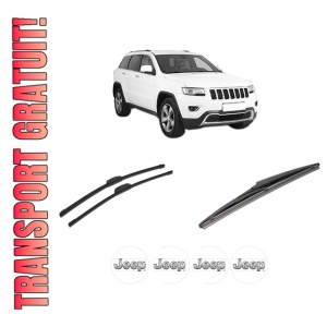 Set 3 stergatoare JEEP GRAND CHEROKEE VAN (WK2) din 2013-2017, pentru parbriz si luneta fata si spate auto, Bosch Twin-Aerotwin Retrofit, din cauciuc siliconat rezistent, 4 Stickere Auto JEEP