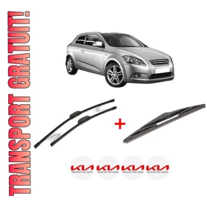 Set 3 stergatoare KIA CEE'D Hatchback (ED) din 2006 - 2012, pentru parbriz si luneta fata si spate auto, Bosch Twin, din cauciuc siliconat rezistent, 4 Stickere Auto KIA