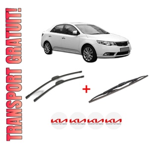 Set 3 stergatoare KIA CERATO II Saloon (TD) din 2009 - 2014, pentru parbriz si luneta fata si spate auto, Bosch Twin, din cauciuc siliconat rezistent, 4 Stickere Auto KIA