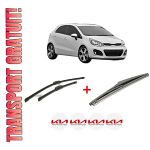 Set 3 stergatoare KIA RIO III (UB) din 2011 - 2017, pentru parbriz si luneta fata si spate auto, Bosch Twin, din cauciuc siliconat rezistent, 4 Stickere Auto KIA