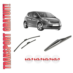 Set 3 stergatoare KIA VENGA (YN) din 2010-2019, pentru parbriz si luneta fata si spate auto, Bosch Twin-Aerotwin, din cauciuc siliconat rezistent, 4 Stickere Auto KIA