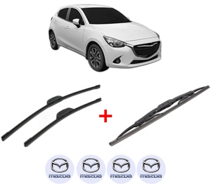 Set 3 stergatoare MAZDA 2 Hatchback (DL, DJ) din 2014, pentru parbriz si luneta fata si spate auto, Bosch Twin, din cauciuc siliconat rezistent, 4 Stickere Auto MAZDA v9719