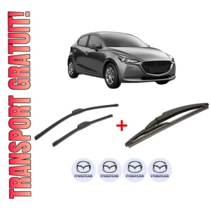 Set 3 stergatoare MAZDA 2 Hatchback (KB) din 2022, pentru parbriz si luneta fata si spate auto, Bosch Twin, din cauciuc siliconat rezistent, 4 Stickere Auto MAZDA