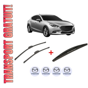 Set 3 stergatoare MAZDA 3 Hatchback Van (BM) din 2015 - 2016, pentru parbriz si luneta fata si spate auto, Bosch Twin, din cauciuc siliconat rezistent, 4 Stickere Auto MAZDA