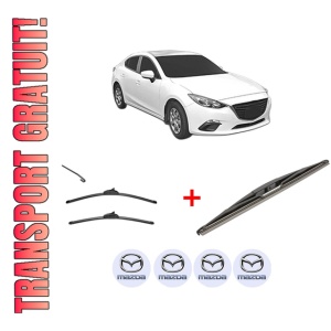 Set 3 stergatoare MAZDA 3 Saloon (BP_) din 2020, pentru parbriz si luneta fata si spate auto, Valeo Silencio, din cauciuc siliconat rezistent, 4 Stickere Auto MAZDA