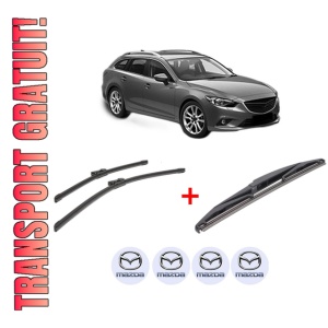 Set 3 stergatoare MAZDA 6 Estate (GJ, GL) din 2012 - 2020, pentru parbriz si luneta fata si spate auto, Bosch Twin, din cauciuc siliconat rezistent, 4 Stickere Auto MAZDA
