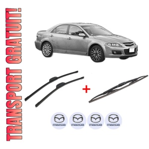 Set 3 stergatoare MAZDA 6 Hatchback (GG) din 2002 - 2007, pentru parbriz si luneta fata si spate auto, Bosch Twin, din cauciuc siliconat rezistent, 4 Stickere Auto MAZDA