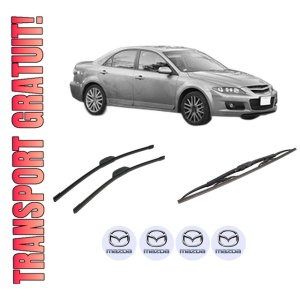 Set 3 stergatoare MAZDA 6 Hatchback (GG) din 2002-2007, pentru parbriz si luneta fata si spate auto, Bosch Twin-Aerotwin Retrofit, din cauciuc siliconat rezistent, 4 Stickere Auto MAZDA