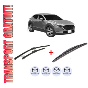 Set 3 stergatoare MAZDA CX-30 (DM) din 2019, pentru parbriz si luneta fata si spate auto, Bosch Twin, din cauciuc siliconat rezistent, 4 Stickere Auto MAZDA