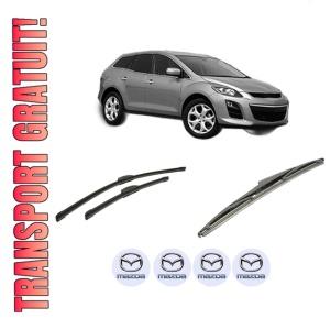 Set 3 stergatoare MAZDA CX-7 (ER) din 2006-2014, pentru parbriz si luneta fata si spate auto, Bosch Twin-Aerotwin Retrofit, din cauciuc siliconat rezistent, 4 Stickere Auto MAZDA