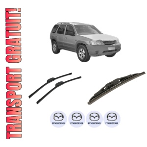 Set 3 stergatoare MAZDA TRIBUTE (EP) din 2000-2008, pentru parbriz si luneta fata si spate auto, Bosch Twin-Aerotwin Retrofit, din cauciuc siliconat rezistent, 4 Stickere Auto MAZDA