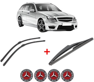 Set 3 stergatoare MERCEDES-BENZ C-CLASS T-Model (S204) din 2007 - 2014, pentru parbriz si luneta fata si spate auto, Valeo Silencio, din cauciuc siliconat rezistent, 4 Stickere Auto MERCEDES-BENZ v15118