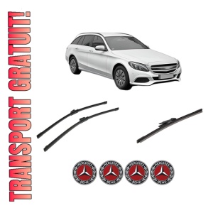 Set 3 stergatoare MERCEDES-BENZ C-CLASS T-Model (S205) din 2014-2021, pentru parbriz si luneta fata si spate auto, Bosch Aerotwin-Aerotwin, din cauciuc siliconat rezistent, 4 Stickere Auto MERCEDES-BENZ