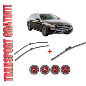 Set 3 stergatoare MERCEDES-BENZ E-CLASS All-Terrain (S213) din 2017 - 2023, pentru parbriz si luneta fata si spate auto, Valeo Silencio Xtrm, din cauciuc siliconat rezistent, 4 Stickere Auto MERCEDES-BENZ