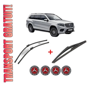 Set 3 stergatoare MERCEDES-BENZ GLS (X166) din 2015 - 2019, pentru parbriz si luneta fata si spate auto, Valeo Silencio, din cauciuc siliconat rezistent, 4 Stickere Auto MERCEDES-BENZ