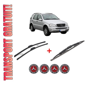 Set 3 stergatoare MERCEDES-BENZ M-CLASS (W163) din 1998 - 2005, pentru parbriz si luneta fata si spate auto, Bosch Twin, din cauciuc siliconat rezistent, 4 Stickere Auto MERCEDES-BENZ