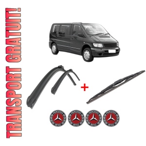 Set 3 stergatoare MERCEDES-BENZ V-CLASS (638/2) din 1996 - 2003, pentru parbriz si luneta fata si spate auto, Bosch Twin, din cauciuc siliconat rezistent, 4 Stickere Auto MERCEDES-BENZ
