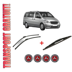 Set 3 stergatoare MERCEDES-BENZ VITO Bus (W639) din 2003 - 2014, pentru parbriz si luneta fata si spate auto, Bosch Twin, din cauciuc siliconat rezistent, 4 Stickere Auto MERCEDES-BENZ