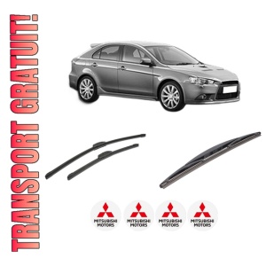 Set 3 stergatoare MITSUBISHI LANCER VIII Sportback (CX_A) din 2008-2010, pentru parbriz si luneta fata si spate auto, Bosch Twin-Aerotwin Retrofit, din cauciuc siliconat rezistent, 4 Stickere Auto MITSUBISHI
