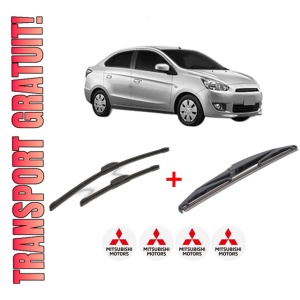 Set 3 stergatoare MITSUBISHI MIRAGE VI Saloon (A1_A) din 2013, pentru parbriz si luneta fata si spate auto, Bosch Twin, din cauciuc siliconat rezistent, 4 Stickere Auto MITSUBISHI