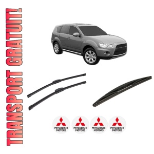 Set 3 stergatoare MITSUBISHI OUTLANDER II Van (CW_W) din 2006-2012, pentru parbriz si luneta fata si spate auto, Bosch Twin-Aerotwin Retrofit, din cauciuc siliconat rezistent, 4 Stickere Auto MITSUBISHI