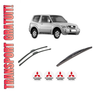Set 3 stergatoare MITSUBISHI PAJERO CLASSIC (V2_W, V6_W, V7_W) din 2001-2006, pentru parbriz si luneta fata si spate auto, Bosch Twin-Aerotwin Retrofit, din cauciuc siliconat rezistent, 4 Stickere Auto MITSUBISHI